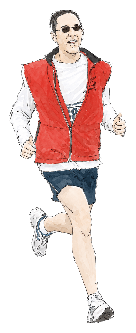 Illustration of Bruce Haymes in a red vest.