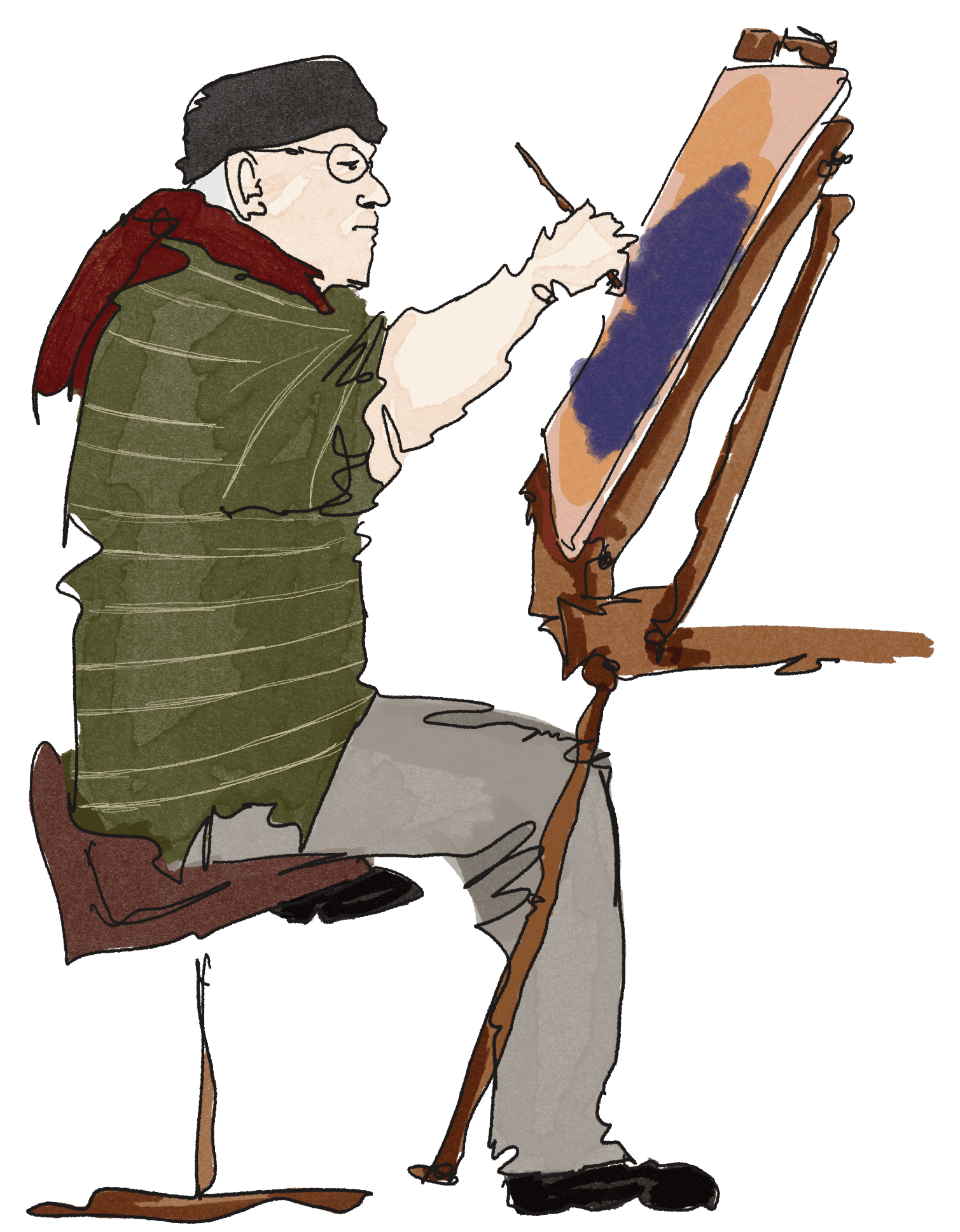 Mac watercolor portrait of Tim Love seated at an easel.